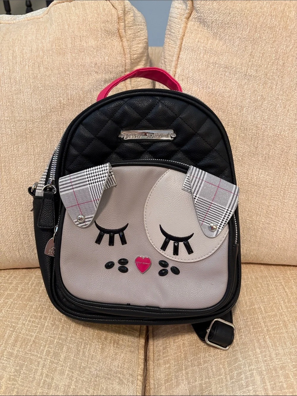 Betsey Johnson Kids Black & Cream Puppy Face Backpack with Pink Handle